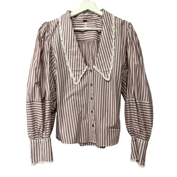 Free People Bexley Cotton Striped Blouse Button Up Puffed Sleeve Lace NEW M - Picture 2 of 15